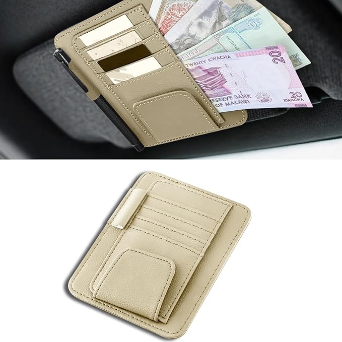 Car Sun Visor Organizer, Multifunctional Auto Visor Document Holder with Sunglasses Clip, Universal Car Interior Accessories Organizer for Drving License, Card, Pen (Beige)