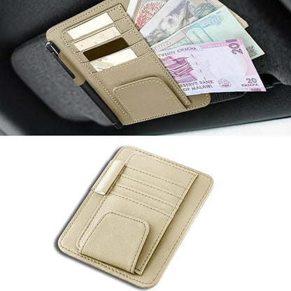 Car Sun Visor Organizer, Multifunctional Auto Visor Document Holder with Sunglasses Clip, Universal Car Interior Accessories Organizer for Drving License, Card, Pen (Beige)