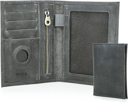 CONTACTS Full Grain Leather Passport Holder RFID Blocking Travel Passport Wallet Compatible with Airtag Passport Cover Case with 4 Cards Slots, Coin Pocket (Gray)