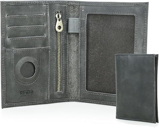 CONTACTS Full Grain Leather Passport Holder RFID Blocking Travel Passport Wallet Compatible with Airtag Passport Cover Case with 4 Cards Slots, Coin Pocket (Gray)