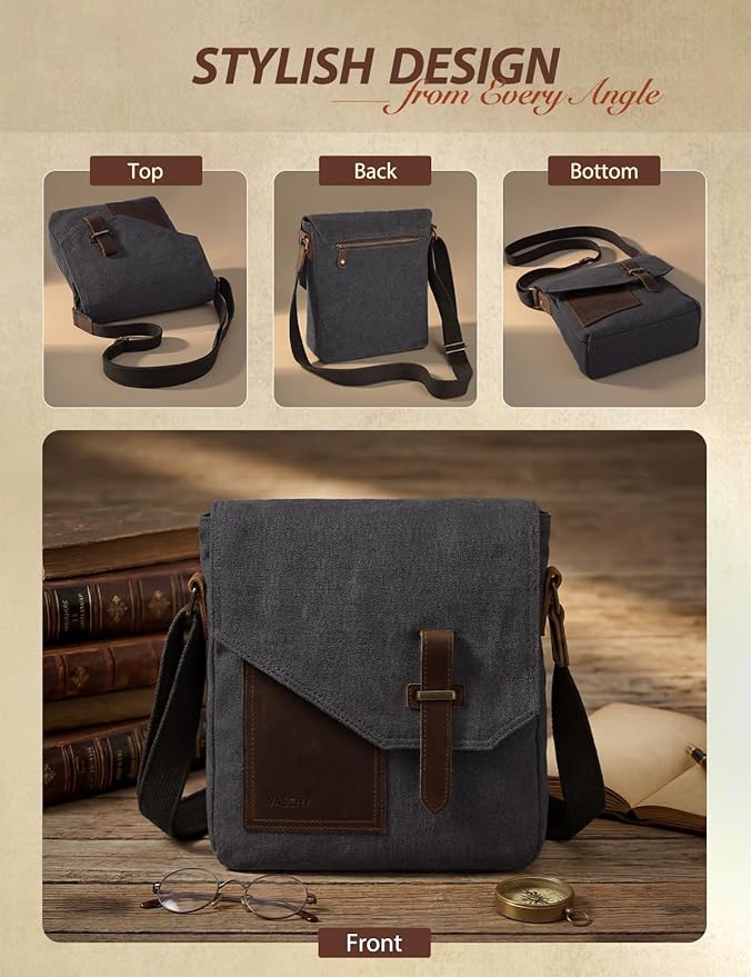 VASCHY Small Messenger Bag, Vintage Canvas Leather Lightweight Crossbody Bag