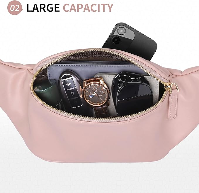 Faux Leather Belt Bag for Women, Crossbody Fanny Pack with Adjustable Strap, Back Zipper Pocket, Large Capacity Waist Pack for Travel, Concerts, Pink