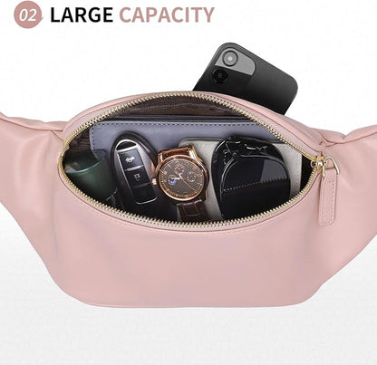 Faux Leather Belt Bag for Women, Crossbody Fanny Pack with Adjustable Strap, Back Zipper Pocket, Large Capacity Waist Pack for Travel, Concerts, Pink