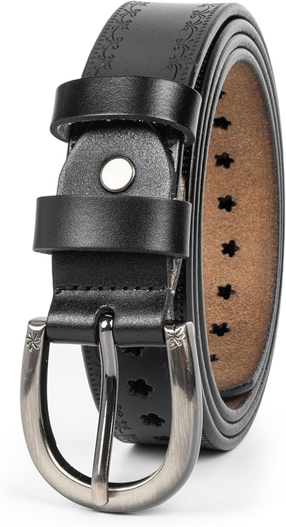 INOGIH Women Vintage Floral Engraved Embossed Genuine Western Leather Belt for Jeans Dresse