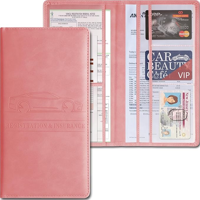 Car Accessories Registration and Insurance Holder,Leather Essential Card Magnetic Shut Vehicle Glove Box Organizer Case for Auto Driver License Document Truck Motorcycle Boat-Pink