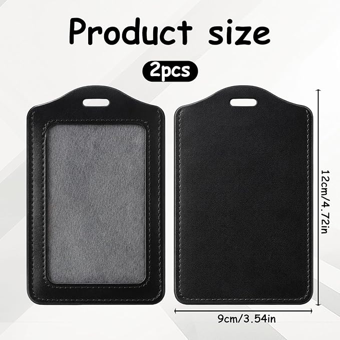 2 Pcs Leather Badge Holder, Badge Id Holder Vertical Leather Id Holders Waterproof Card Holders for Office, Staff, Employees Black