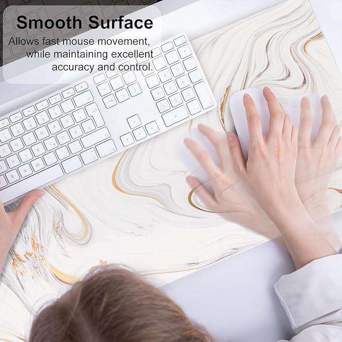 QiyI White Mouse Pad, Cute Marble Large Desk Mat, PU Leather Desk Protector Mousepad, Gold Grey Striped Waterproof Computer Keyboard Gaming Mouse Pads, Non Slip Extended Writing Pad 31.5" x 11.8"