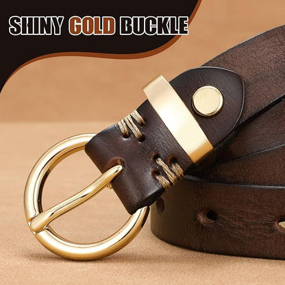 SANSTHS Womens Genuine Leather Belts for Jeans Pants Trendy Vintage Thin Leather Belt Gold Buckle Ladies Skinny Waist Belt