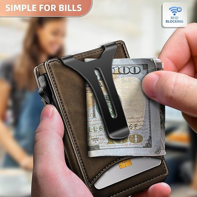 Genuine Leather Wallet for Men Slim Magnetic Flip Bifold with Money Clip and Metal Card Case Holds 9 Cards Ideal for Gifts and Daily Use (Coffee)