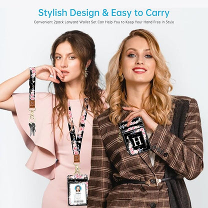 A-Z Letter 2-in-1 ID Badge Holder & Lanyard Wallet for Teachers,Nurse,Professionals-Cute Zippered Coin Pouch,Removable Wristlet & Neck Lanyard,5 Card Slots Stylish Work Essential H