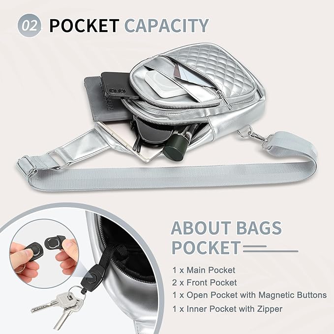 Crossbody Bags for Women Men,Leather Sling Bag Cross Body Backpack for Women, Casual Chest Bag Daypack for Travel Hiking, Silver