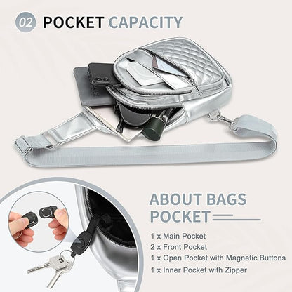 Crossbody Bags for Women Men,Leather Sling Bag Cross Body Backpack for Women, Casual Chest Bag Daypack for Travel Hiking, Silver