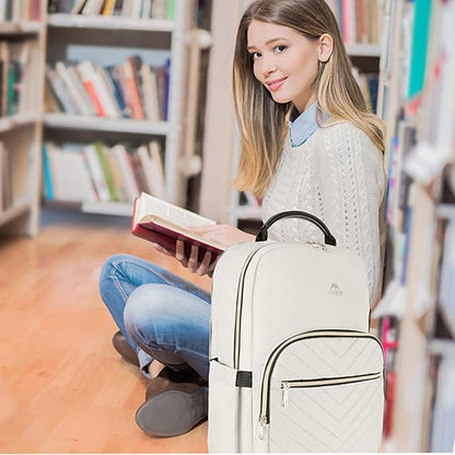 MATEIN Travel Laptop Backpack, Anti Theft Quilted Slim Backpacks for Women with Detachable Keychain Hook, Teacher Doctor Nurse Carry on Bags Purse Fits 15.6 Inch Notebook, White