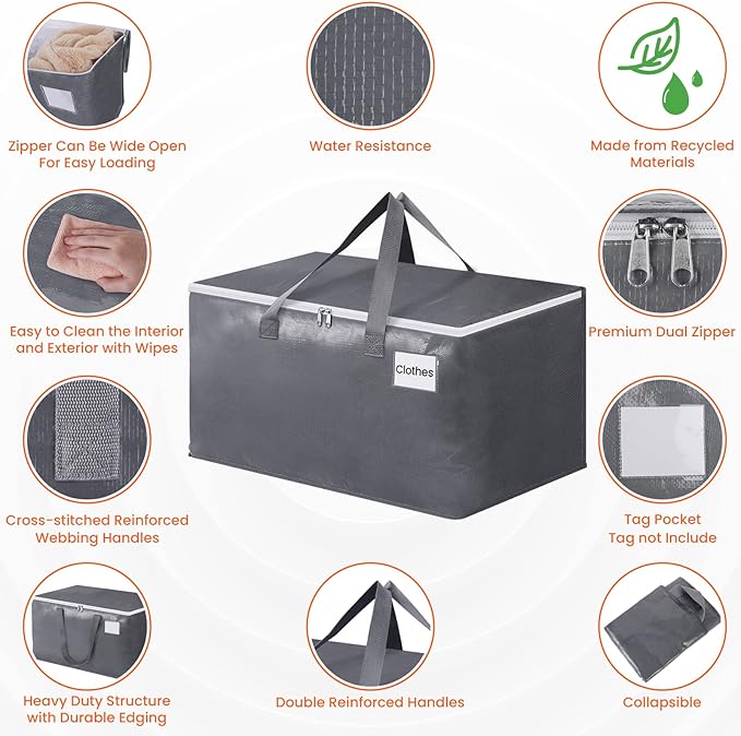 BlissTotes Large Moving Boxes and with Zippers & Handles Moving Supplies with lids, Heavy Duty Totes for Storage Bags for Space Saving, Fold Flat, Moving and Storing 76L, 4 Pack