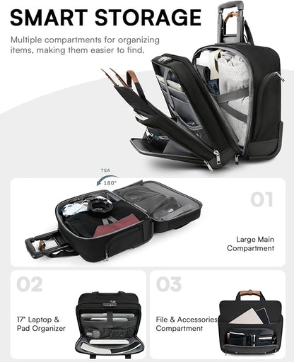 Rolling Laptop Bag, Briefcase for Men and Women, 16 Inch Computer Bag with Wheels Underseat Carry on Luggage, Laptop Briefcase Case for Work, Travel, College Teacher, Mobile Office Bag, Brown