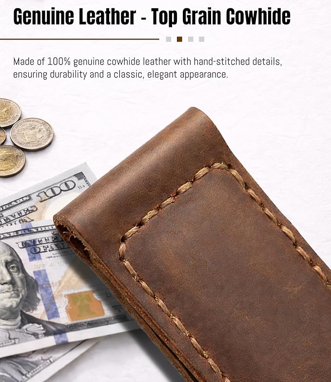 Slim Magnetic Money Clip, Genuine Leather Business Card Holder, Gift Box Included