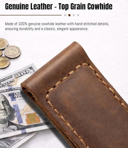 Slim Magnetic Money Clip, Genuine Leather Business Card Holder, Gift Box Included