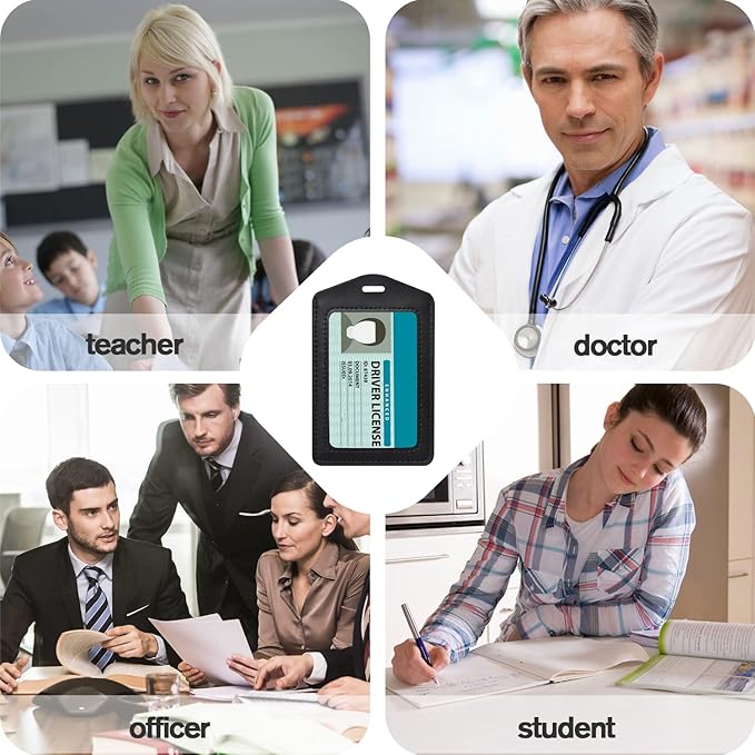 2 Pack Genuine Leather ID Badge Holders, Vertical ID Card Holders with Dual-Side Clear Window, Waterproof Name Badge Holde Suit for Office, Staff, Students, Employees