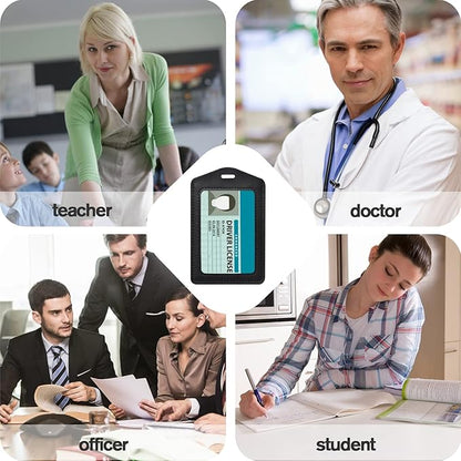 2 Pack Genuine Leather ID Badge Holders, Vertical ID Card Holders with Dual-Side Clear Window, Waterproof Name Badge Holde Suit for Office, Staff, Students, Employees