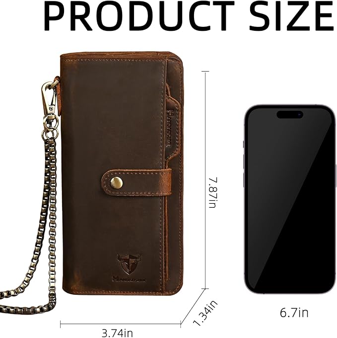 Genuine Crazy Horse Leather Travel Gift Coin Pocket Card Case Long Organizer Chain Rfid Wallet Purse With Snap For Men Male 1803 1815 (W-1821-Brown)