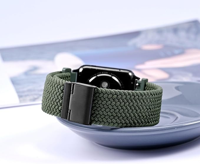 WOCCI 24mm Braided Nylon Watch Band for Men and Women, Quick Release, Black Stainless Steel Buckle (Khaki Green)