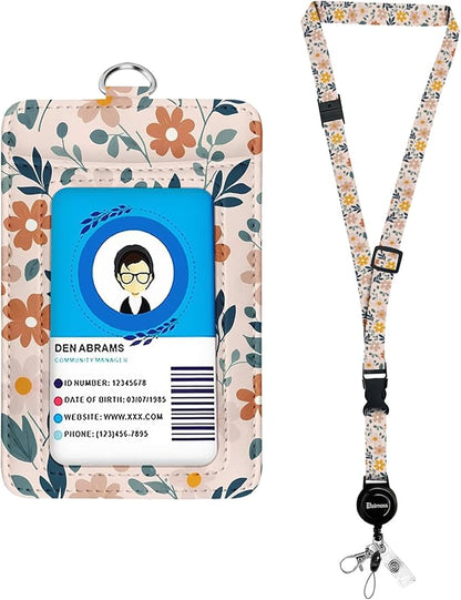 bolimoss Cute Teacher Lanyard with Id Holder, Floral Leather Lanyards for ID Badges, Breakaway Neck Lanyards with Retractable Badge Reels Quick-Release Buckles and Adjustable Straps for Nurse Work