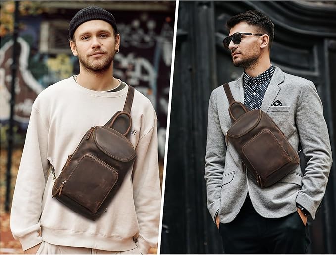 S-ZONE Sling Bag for Women Men Genuine Leather Vintage Crossbody Chest Bags Backpack Daypack Outdoor Travel