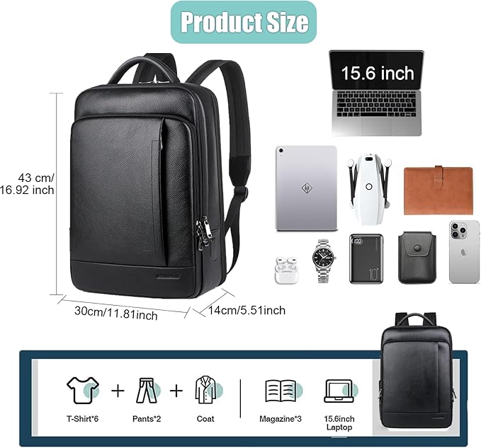 CHAO RAN Laptop Backpack for Men Leather Travel Backpack Carry on Flight Approved-Waterproof Medium Backpack Fit 15.6 Inch Notebook for College Business Office Bag with USB Charging Port (Black20)