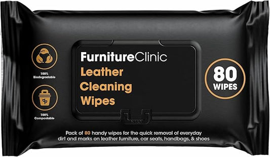 Furniture Clinic Leather Cleaning Wipes | 80 Count | 4-in-1 Clean, Nourish, Condition, & Restore Leather & Vinyl Furniture, Handbags, Jackets, Car Seats, Interiors & More | Residue & Streak-Free