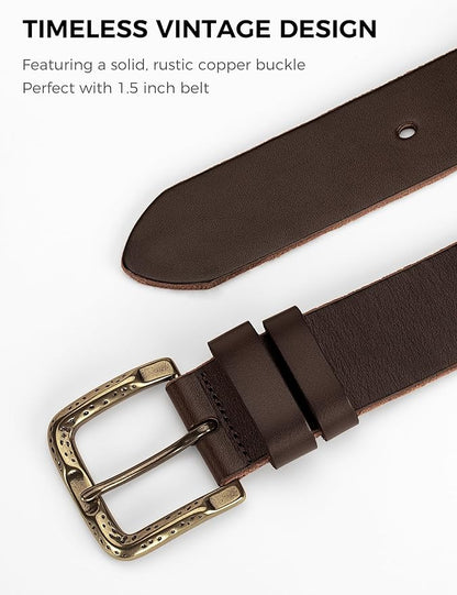 Men's Everyday Casual Belt - 1.5 Inch Full Grain Genuine Leather with Brass Buckle