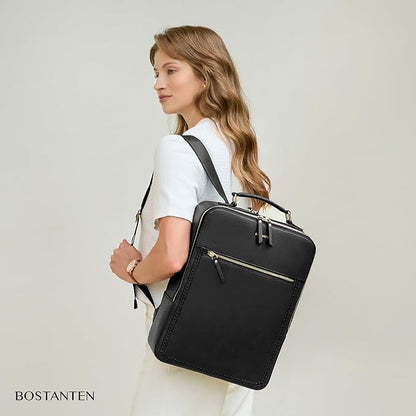BOSTANTEN Leather Backpack 15.6 inch Laptop Bag Travel Casual Computer Backpack College Business Work Shoulder Bags with Trolley Sleeve for Women Men Black