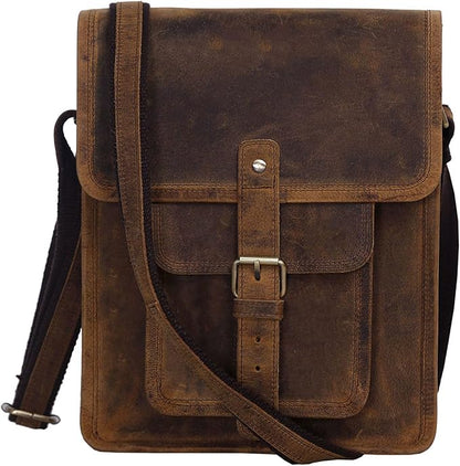 Leather crossbody bag messenger satchel tablet bag 11 inch for men and women (Distressed Tan Pocket)
