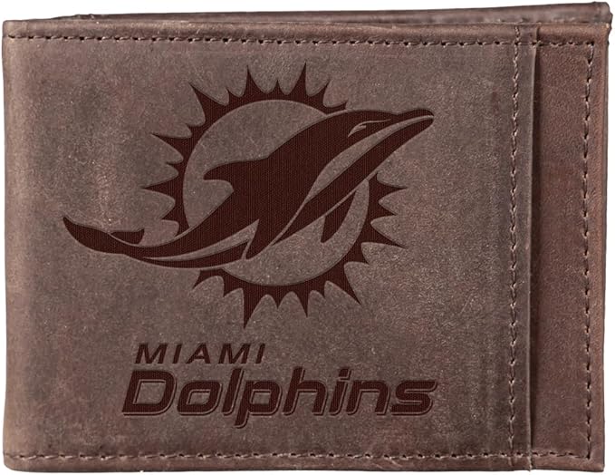 Team Sports America NFL Miami Dolphins Front Pocket Slim Wallet for Men | Minimalist Leather RFID Blocking Bifold Card Holder with Money Clip | Officially Licensed Stamped Logo