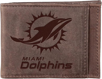 Team Sports America NFL Miami Dolphins Front Pocket Slim Wallet for Men | Minimalist Leather RFID Blocking Bifold Card Holder with Money Clip | Officially Licensed Stamped Logo