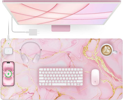 Pink Marble Mouse Pad with 15W Wireless Charging, 31.5"x15.8" Large Gaming Desk Pad/Mat for Women Girls, Waterproof Ultra-Smooth Surface, Non-Slip Base, with 20W PD Adapter