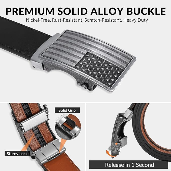 SANSTHS Mens Ratchet Belts Leather 1 3/8" for Men Dress and Casual, Adjustable Click Belts with American Flag Buckles