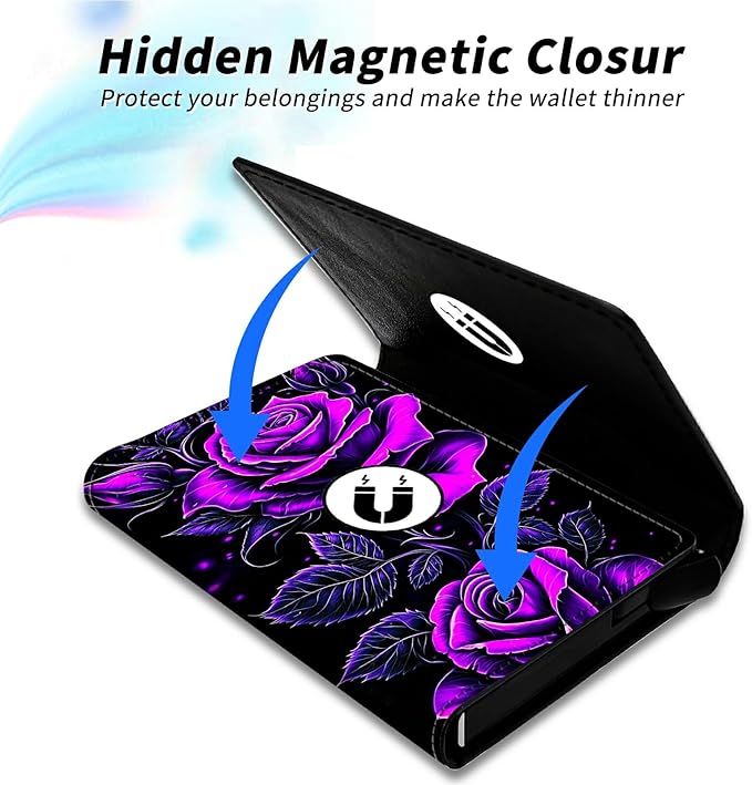 Minimalist Wallet for Men's Card Holders, Pop-Up Card Case Durable Wallets for Women, Leather Automatic Credit Card Holder with Metal Money Clip RFID Blocking Bifold Pocket, Purple Rose 01
