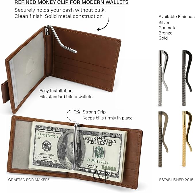 CRAFTMEMORE Avail 4 Colors Spring Money Clip for Money Clip Wallet Leathercraft Accessories Pack of 2 (Gold)