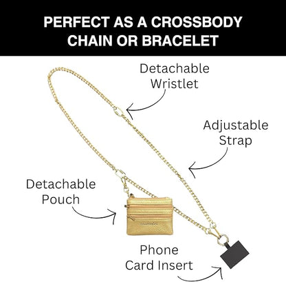 Save the Girls Clip and Go Phone Metal Chain with Pouch (Gold - Gold Pouch) – Stylish Phone Lanyard Crossbody with Wallet for Women, Hands-Free Carrying and Adjustable Crossbody Chain Strap
