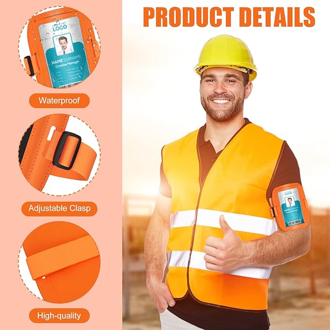 Geelin 2 Pcs Arm Badge Holder for Men Leather ID Armband Adjustable Badge Holder with Elastic Arm Band Waterproof Ski Pass Armband for Work Postcards Office Business Supplies(Orange)