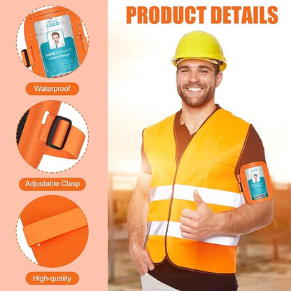 Geelin 2 Pcs Arm Badge Holder for Men Leather ID Armband Adjustable Badge Holder with Elastic Arm Band Waterproof Ski Pass Armband for Work Postcards Office Business Supplies(Orange)