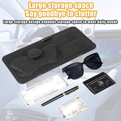 Car Sun Visor Organizer, Leather Multi Pocket Vehicle Visor Storage Pouch for Sunglasses Card License, Multifunctional Auto Interior Organization Accessories, Universal Fit (Black)