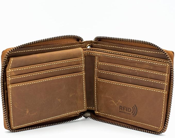 RFID Safe Leather Bi-fold Wallet for Men Zip around Purse for Women Biker's Trucker YKK Metal Zipper Closure, Flip up window ID without Biker Chain