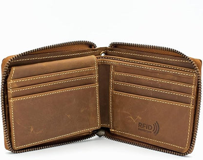 RFID Safe Leather Bi-fold Wallet for Men Zip around Purse for Women Biker's Trucker YKK Metal Zipper Closure, Flip up window ID without Biker Chain