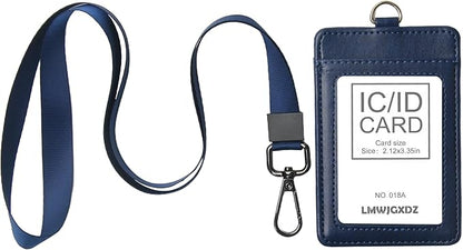 Leather Badge Holder with Adjustable Lanyards,Swivel Metal Clasp for Offices, Staff, Students, Employees (Blue)
