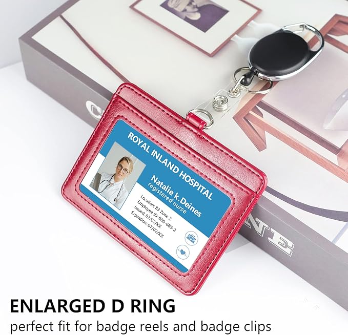 Teskyer Badge Holder with Lanyard, Leather ID Name Badge Card Holder with Lanyard for ID Badges, Horizontal Wine Red