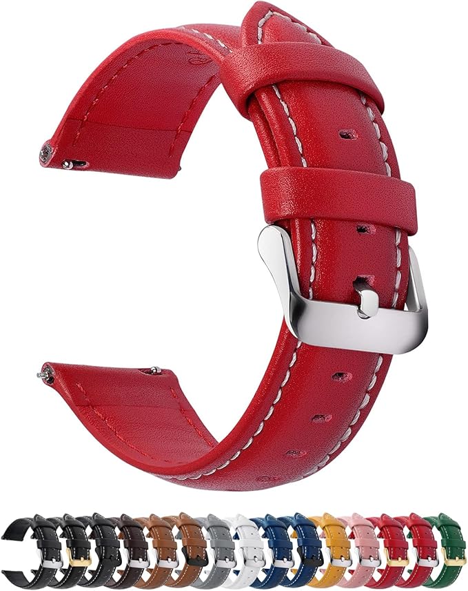 Fullmosa Watch Straps 20mm, Axus Series Leather Strap Replacement Watch Strap with Stainless Steel Metal Clasp for Men Women 14/16/18/20/22/24mm, Red 20mm