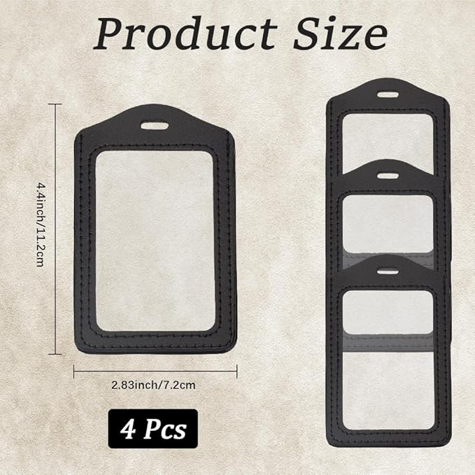 4PCS Black PU Leather ID Badge Holder Black Vertical Double Side Clear Card Slot Case Waterproof Transparent Name Badge Holder Without Lanyard for Offices Staff Students Employees
