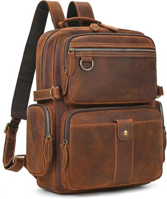LUUFAN Full-grain Leather Laptop Backpack for Men Large Capacity Crazy Horse Leather Daypack Business Travel Outdoor Shoulder Bag, Brown