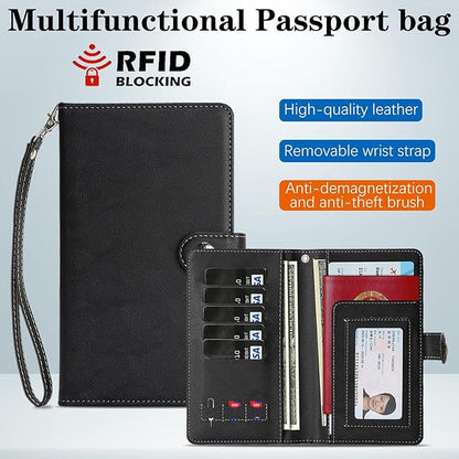 Passport Holder for Travel Essentials, RFID Blocking PU Leather Wallet Cover with Wristlet Strap Magnetic Closure Passport Book Holders Case for Women and Men, Black
